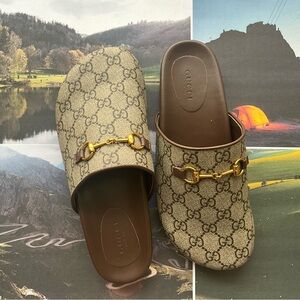 Gucci GG Canvas Horsebit Mules in Beige/Brown